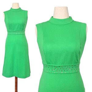 1960s Vintage Dress 60s Mod Gogo Rhinestone Lime Kelly Green S/M Small Medium